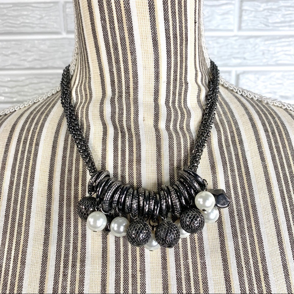 Chunky Dark Grey & White Beaded Statement Necklace